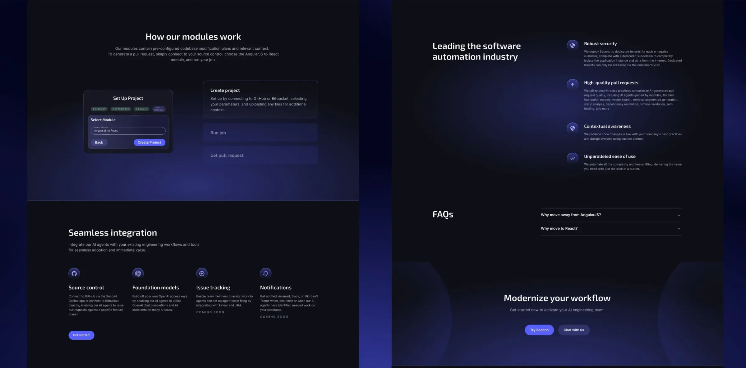 A dark-themed website layout explaining how software automation modules work