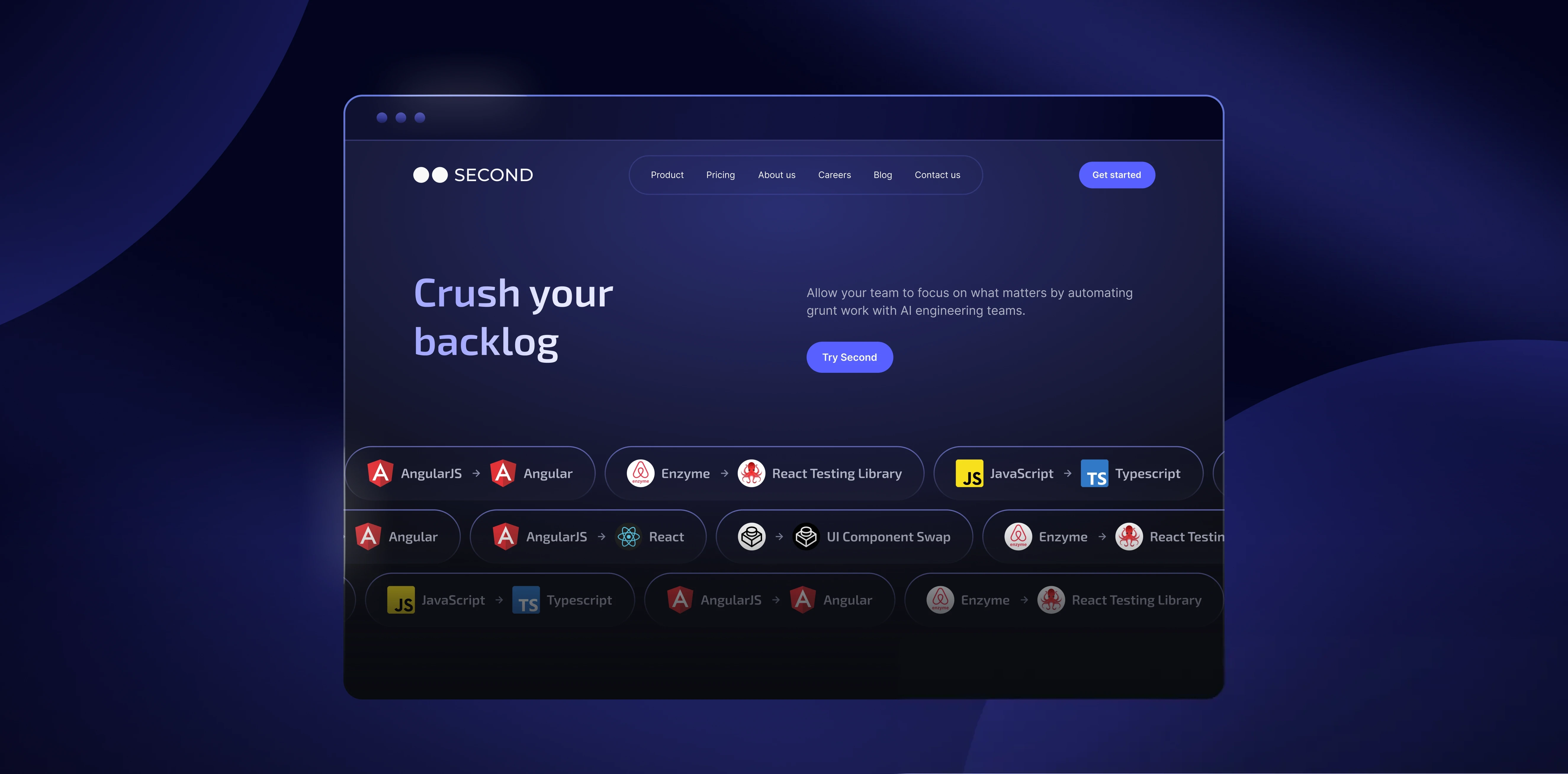 A homepage for SECOND, an AI-powered engineering automation platform