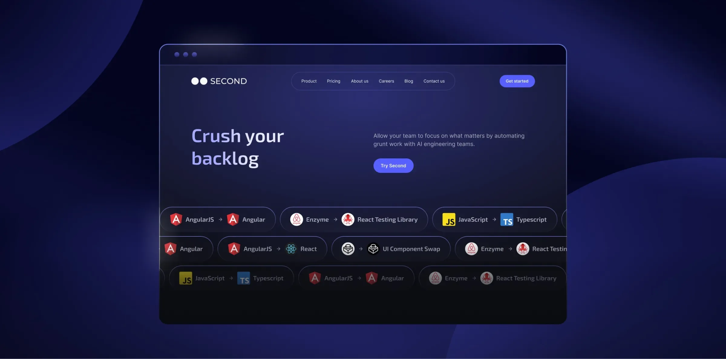 A homepage for SECOND, an AI-powered engineering automation platform