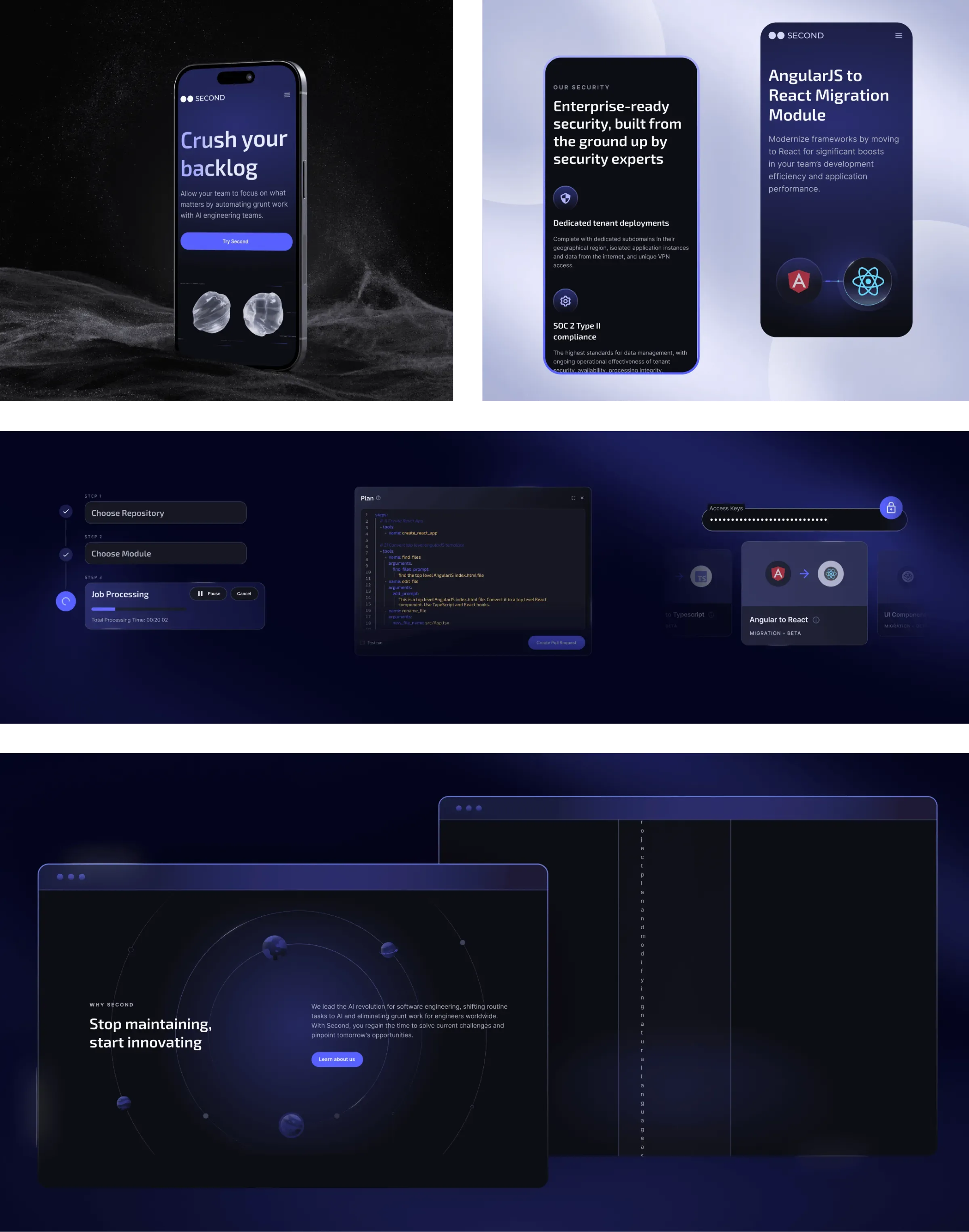 a website mockup for SECOND, an AI engineering automation platform