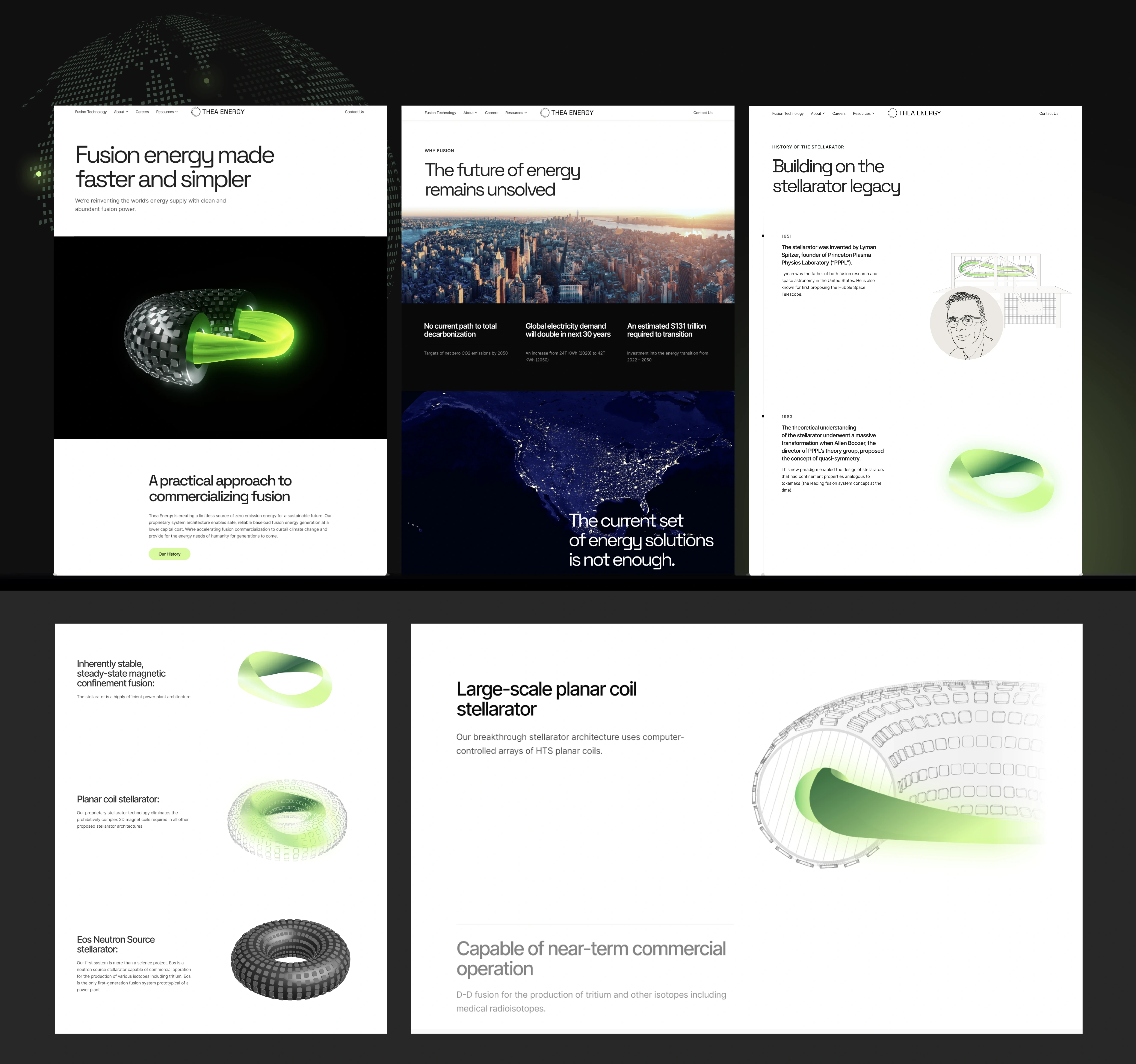 Green-lit fusion concepts: coiled structures, city skyline, night view; highlights innovation.
