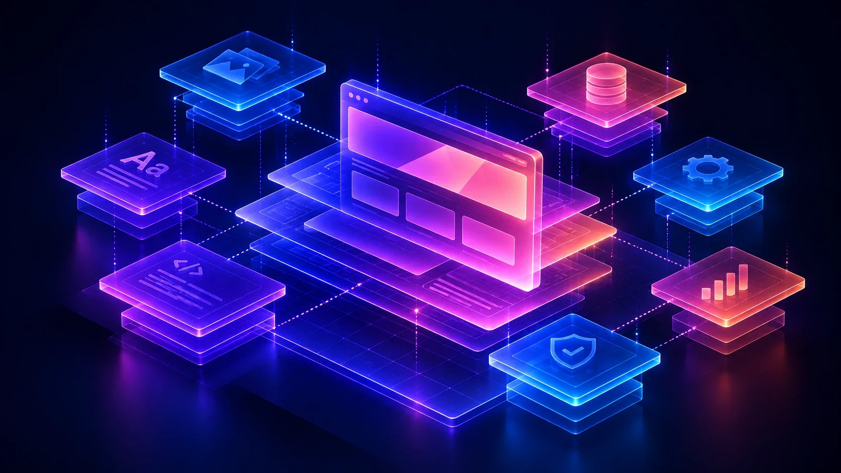 Illustration of a website build connected to content, data, analytics, settings and security