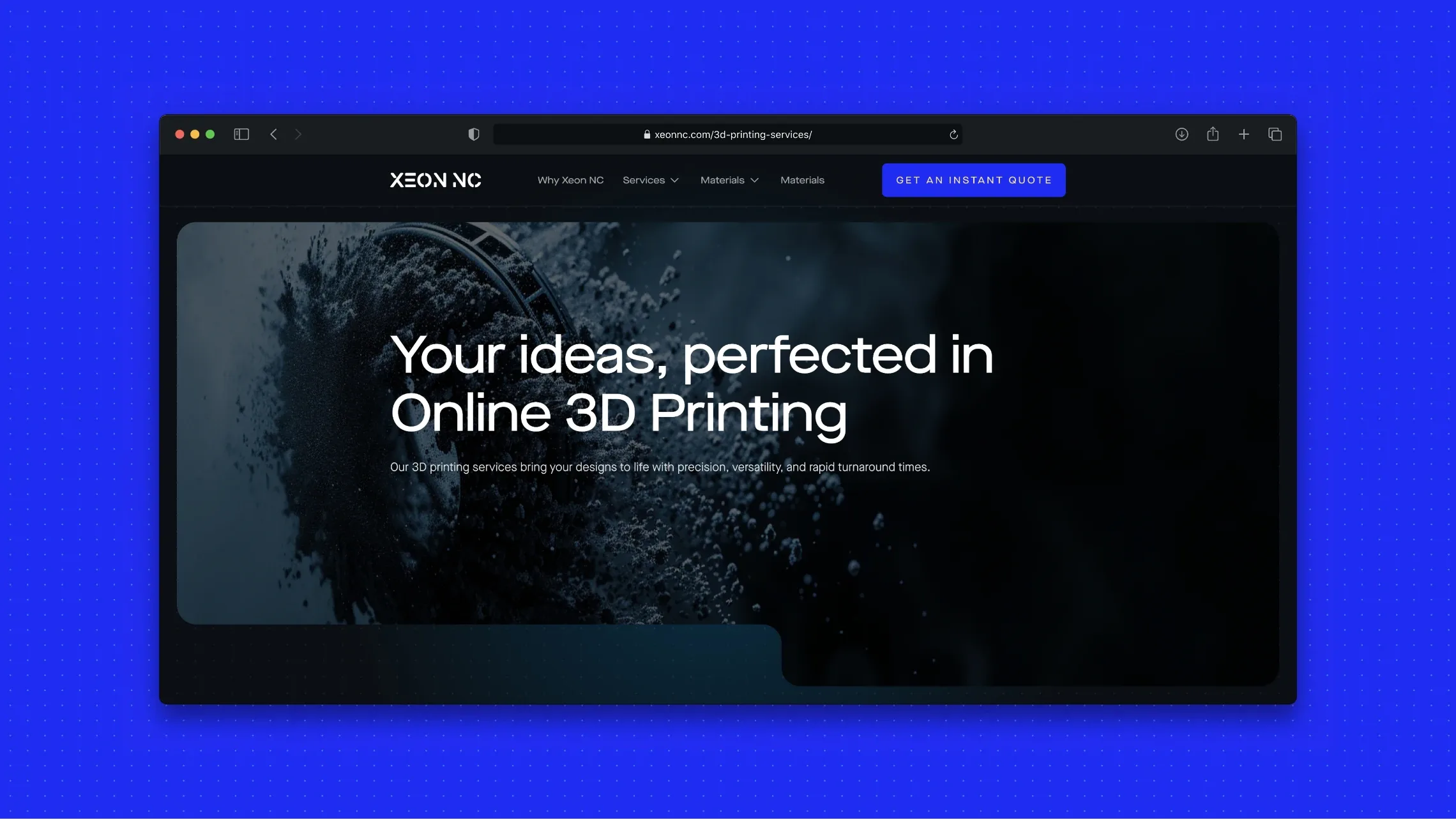 Xeon NC homepage, “Your ideas, perfected in online 3D printing”, in a browser