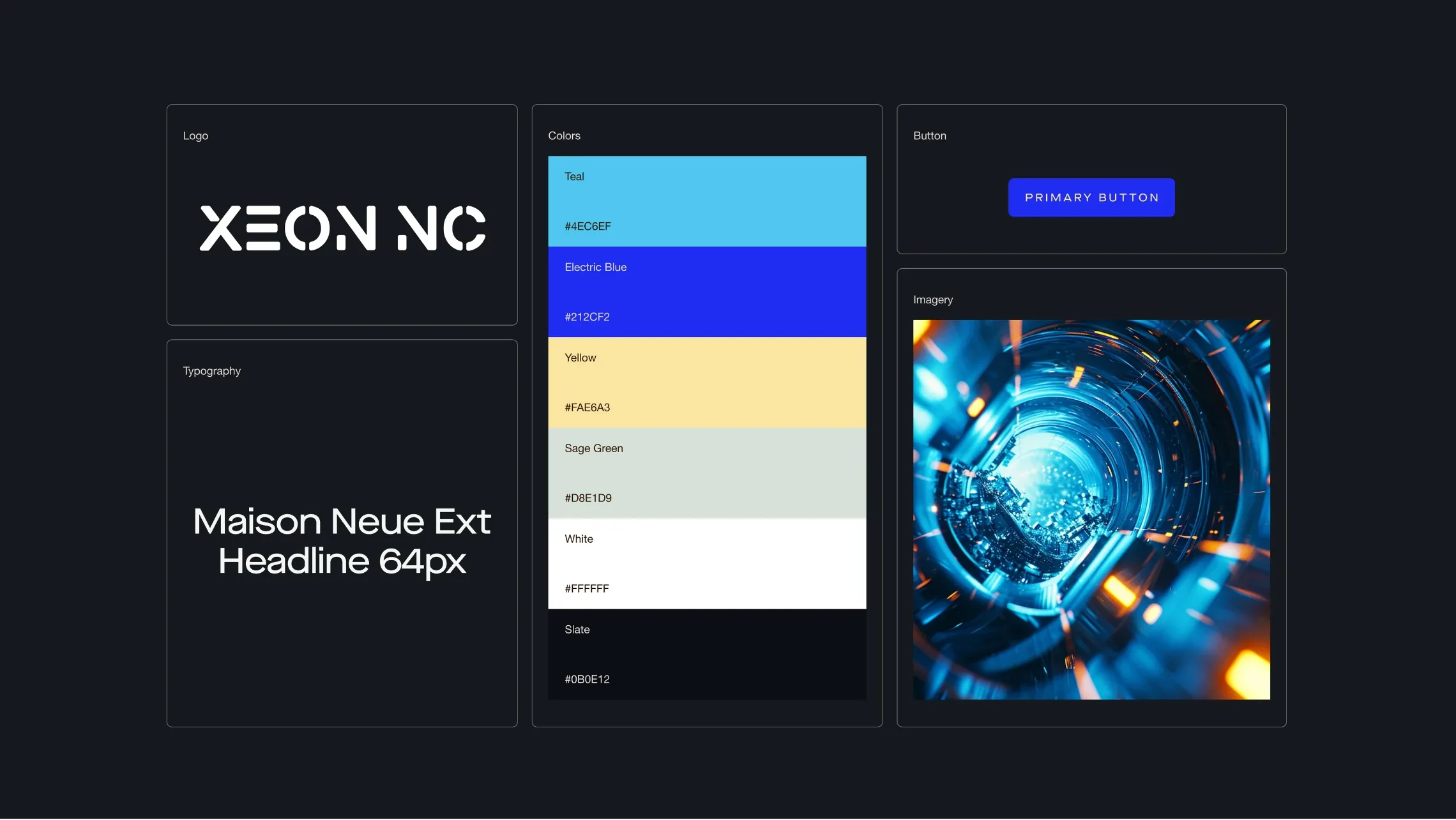 Xeon NC brand system: logo, Maison Neue Extended typography, blue and yellow colour palette, buttons and imagery