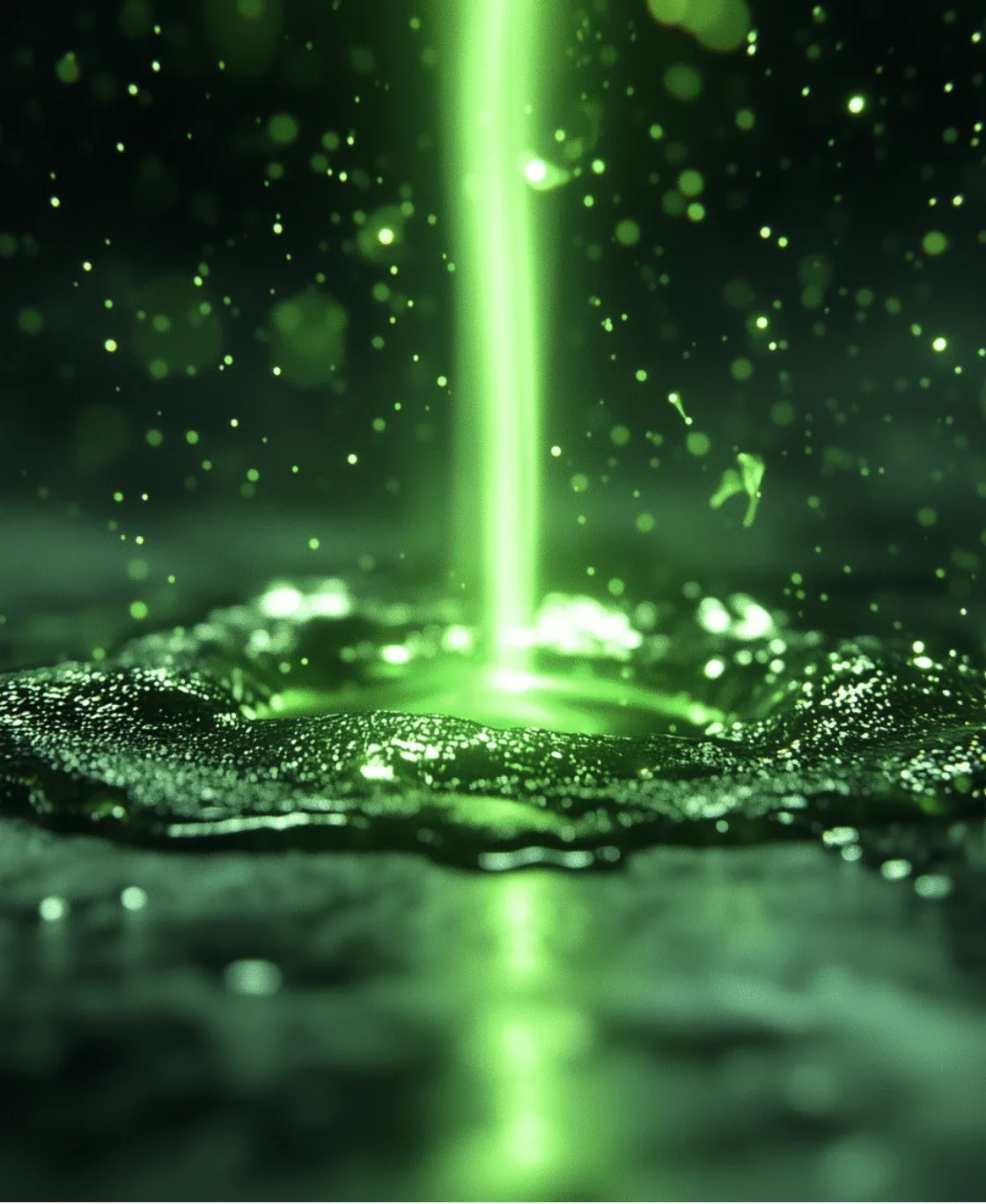Green laser beam hitting a glowing surface