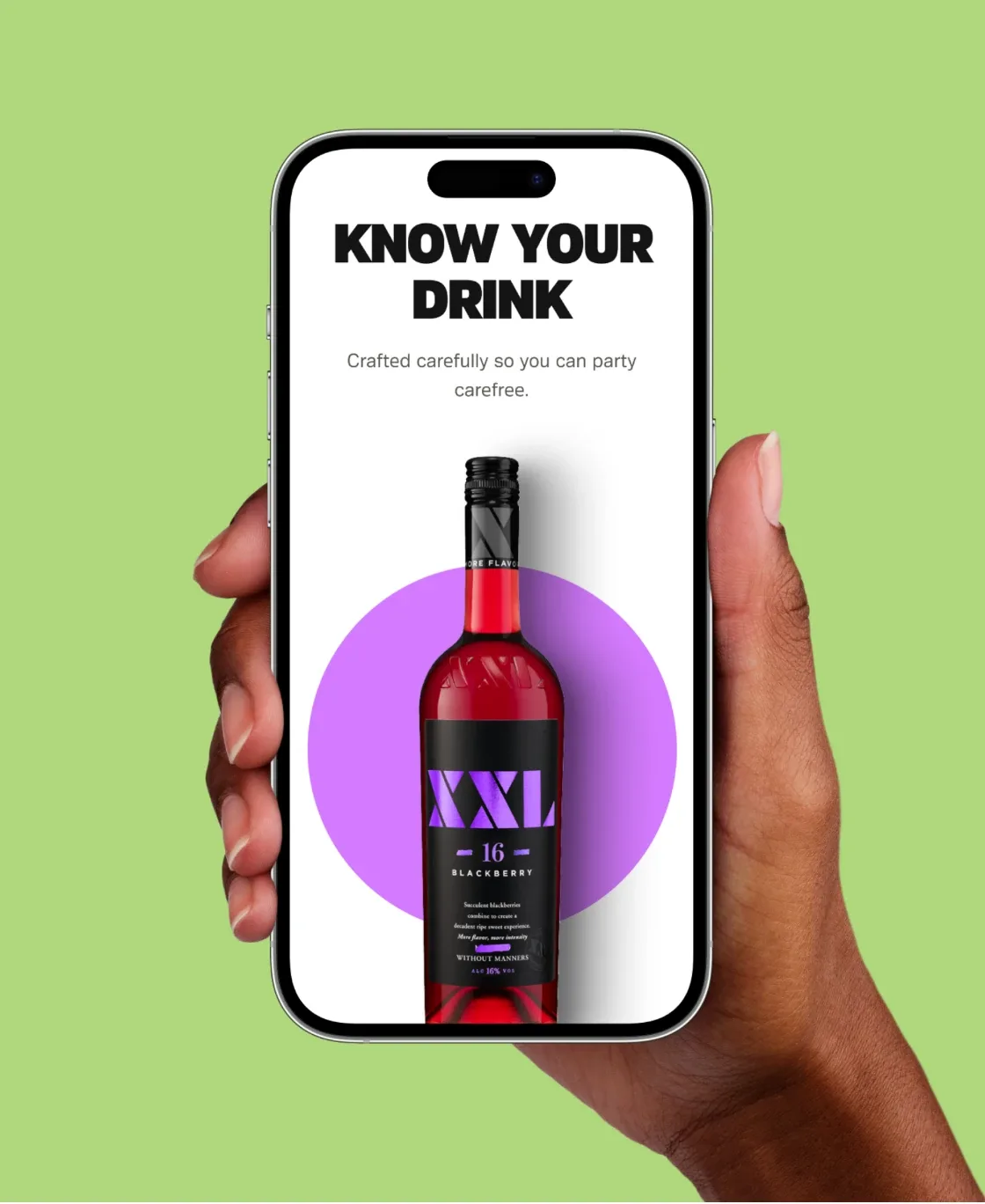Hand holding a phone with the XXL page “Know your drink”