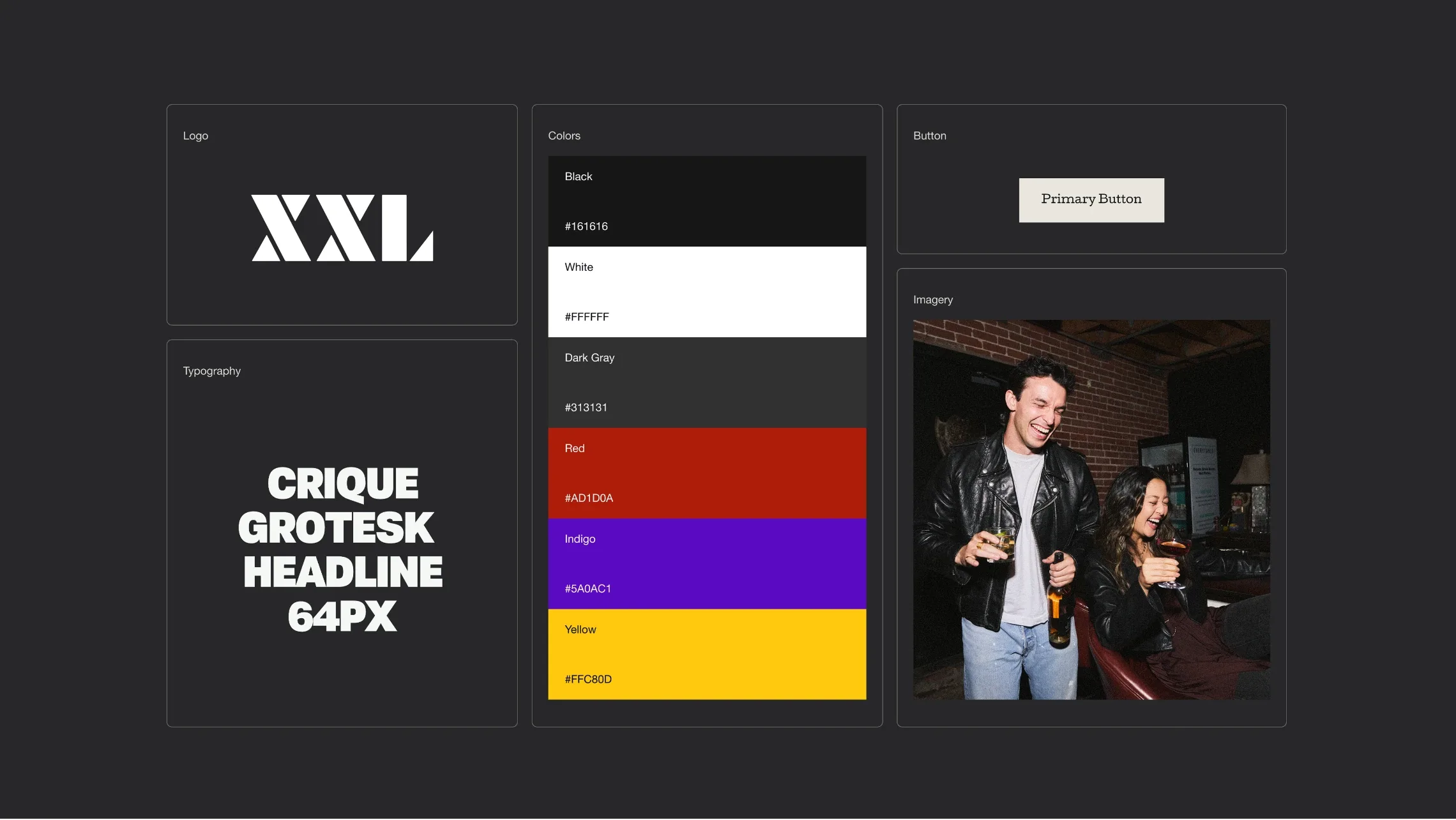 XXL brand system: logo, Crique Grotesk typography, red, purple and yellow colour palette, buttons and photography