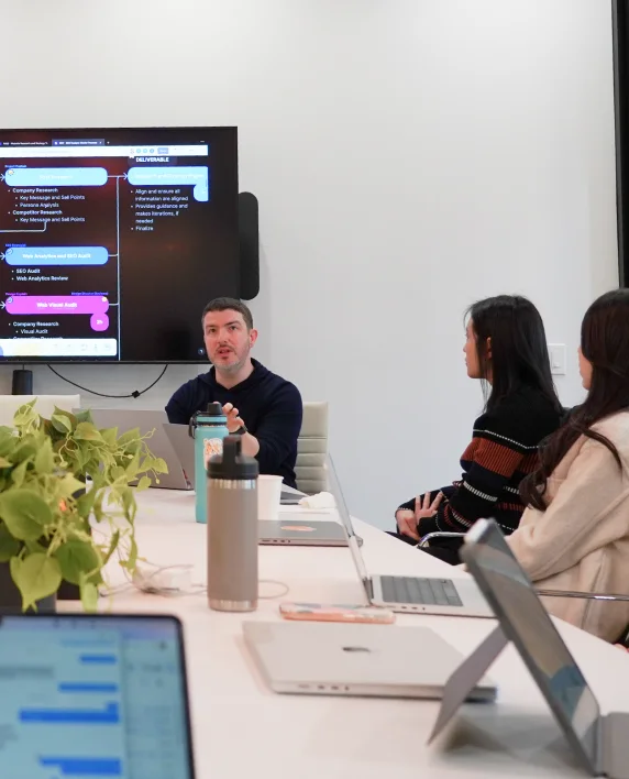 The 500 Designs team reviewing a research plan in a meeting
